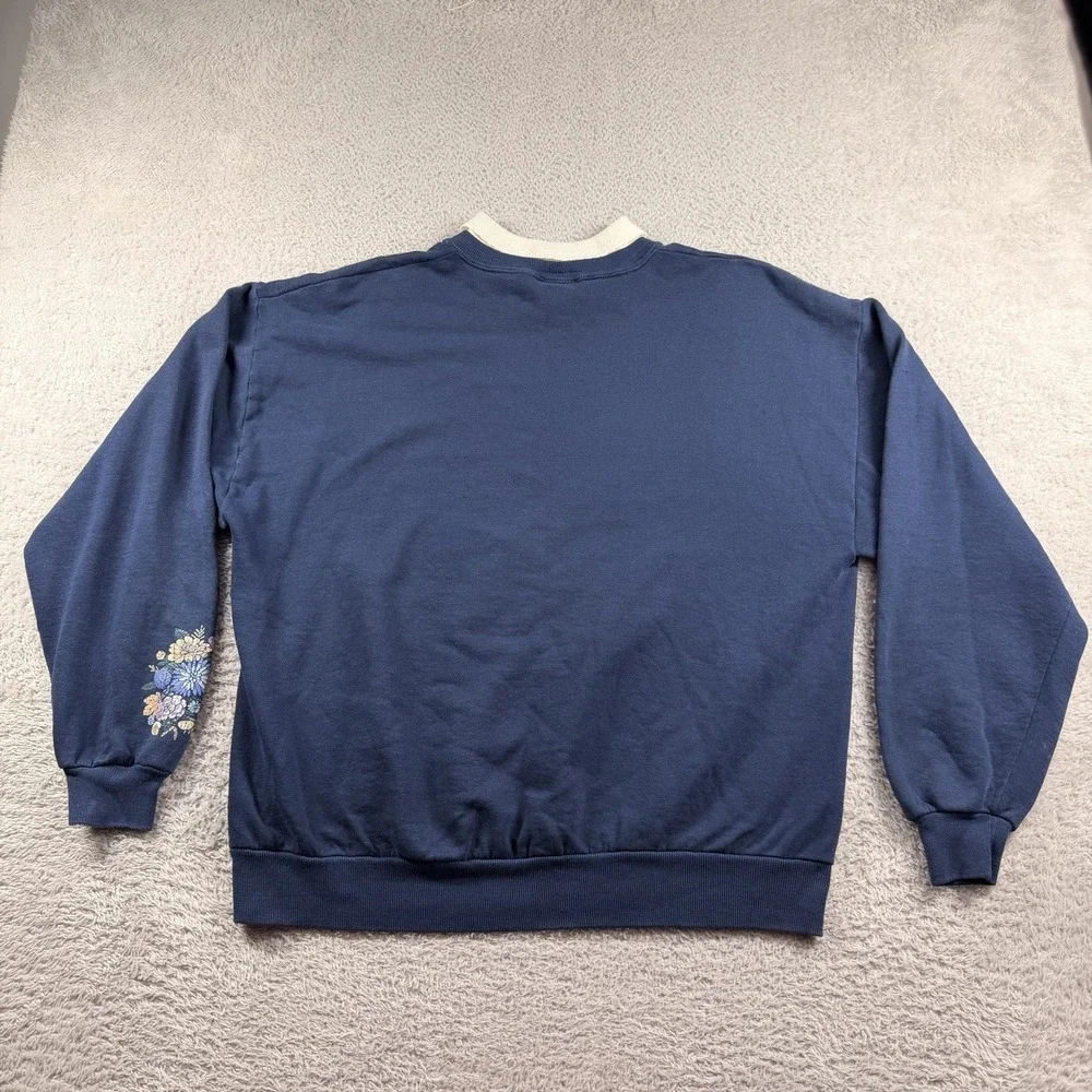 VINTAGE Grannycore Collared Crewneck Sweater XL Blue Embroidered Floral USA